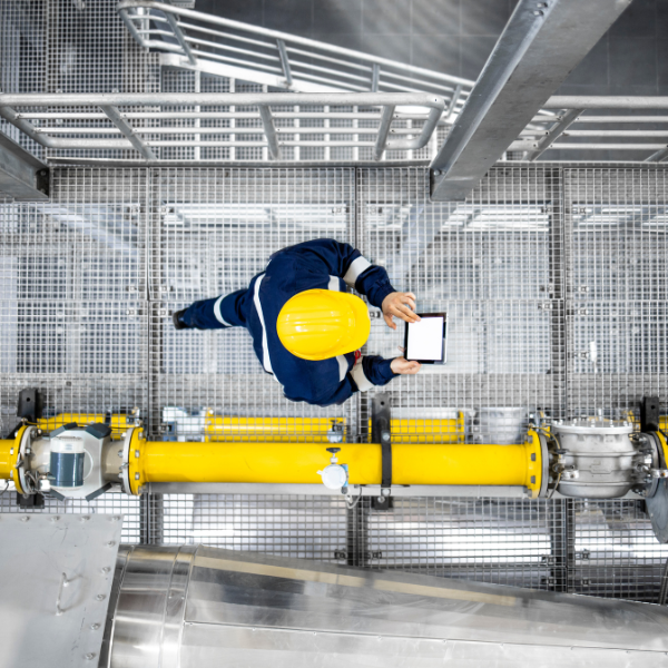 operario, con un elmetto protettivo giallo in testa e un tablet in mano, che cammina vicino ad un impianto di tubi